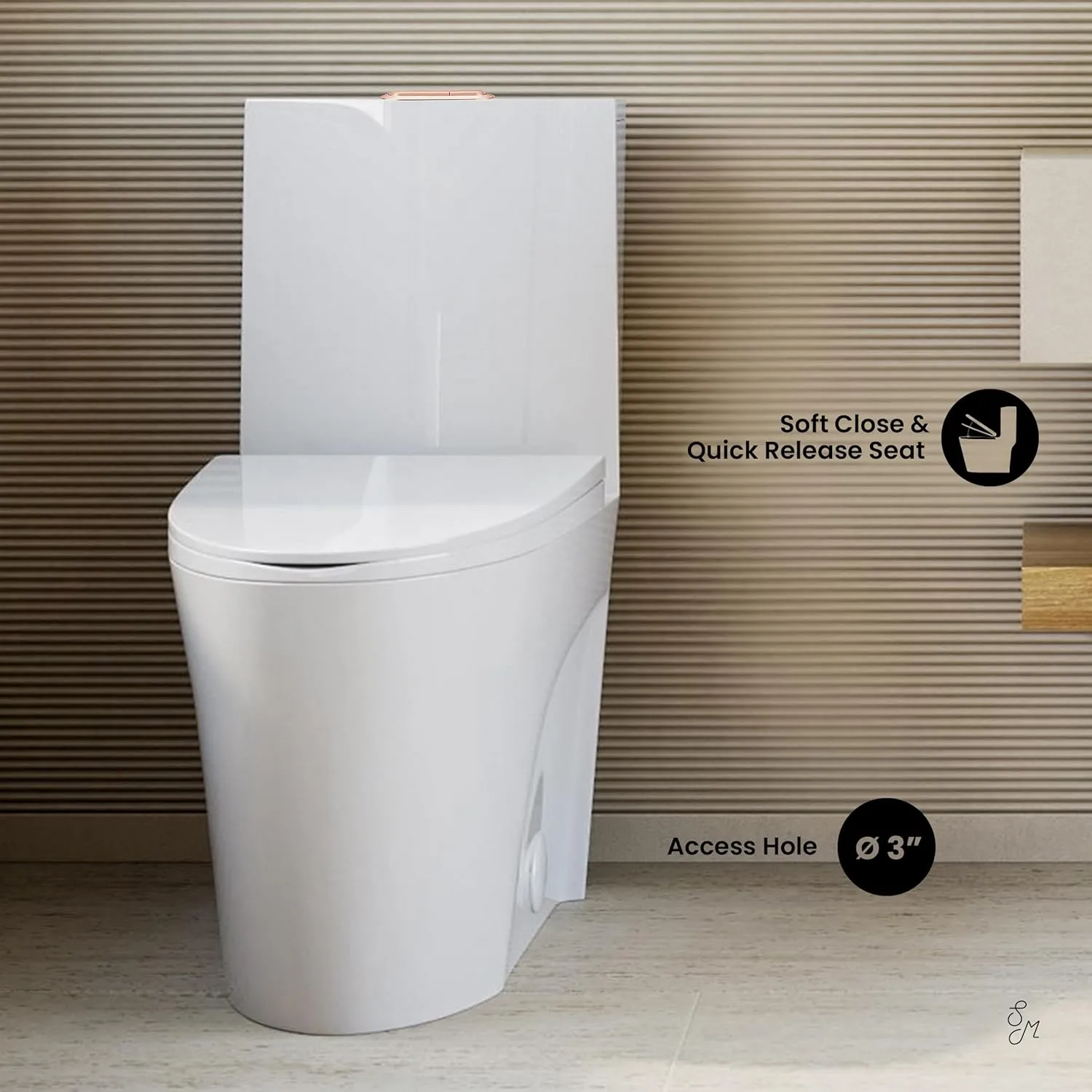 Swiss Madison St. Tropez SM-1T254 One-Piece Elongated Toilet Vortex Dual-Flush 1.1/1.6 gpf with Comfort Chair Seat ADA Height in Glossy White with Rose Gold Hardware