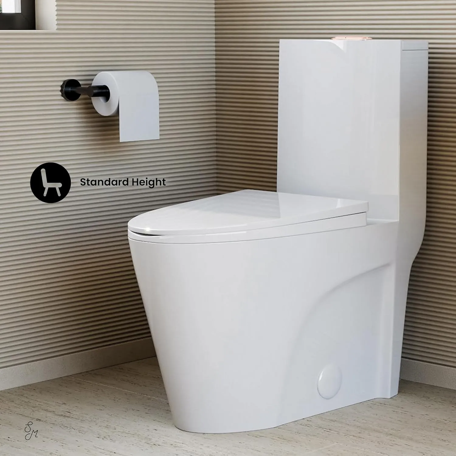 Swiss Madison St. Tropez SM-1T254 One-Piece Elongated Toilet Vortex Dual-Flush 1.1/1.6 gpf with Comfort Chair Seat ADA Height in Glossy White with Rose Gold Hardware