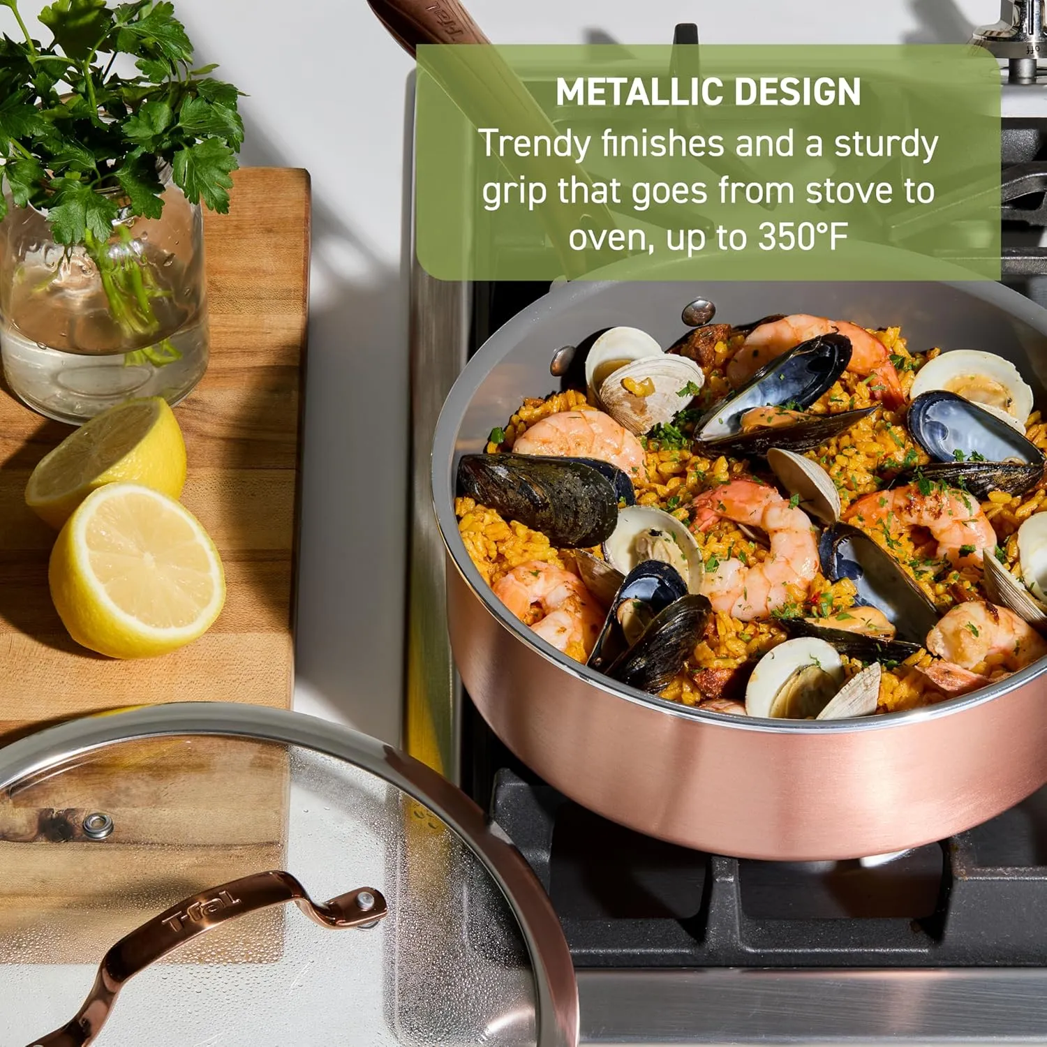 T-Fal Preserve Ceramic, Ceramic Non Stick Jumbo Cooker w/Lid & Handle, 5 Quart, Oven Broiler Safe 350F, Easy Food Release, Saute Pan, Deep Frying Pan, Kitchen, Cookware, Pots and Pans, Rose Gold