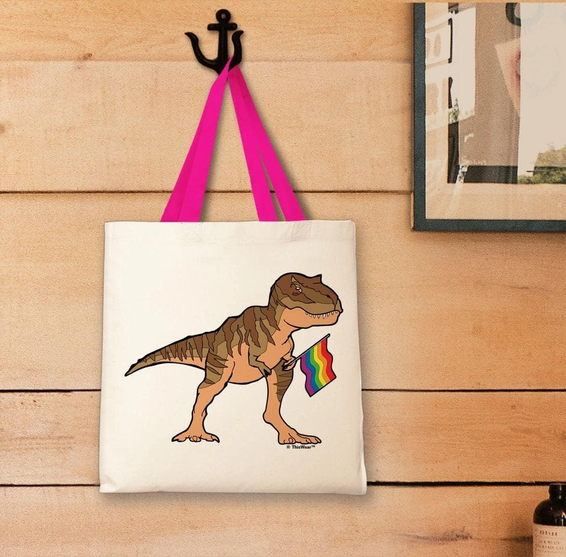 T-Rex With Pride Flag Canvas Tote Bag