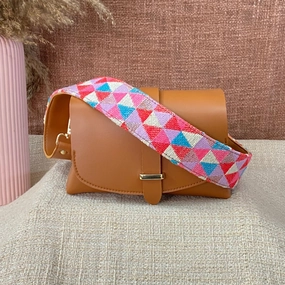 Tan Eva Bag with Pink Multi-color Triangle Belt.