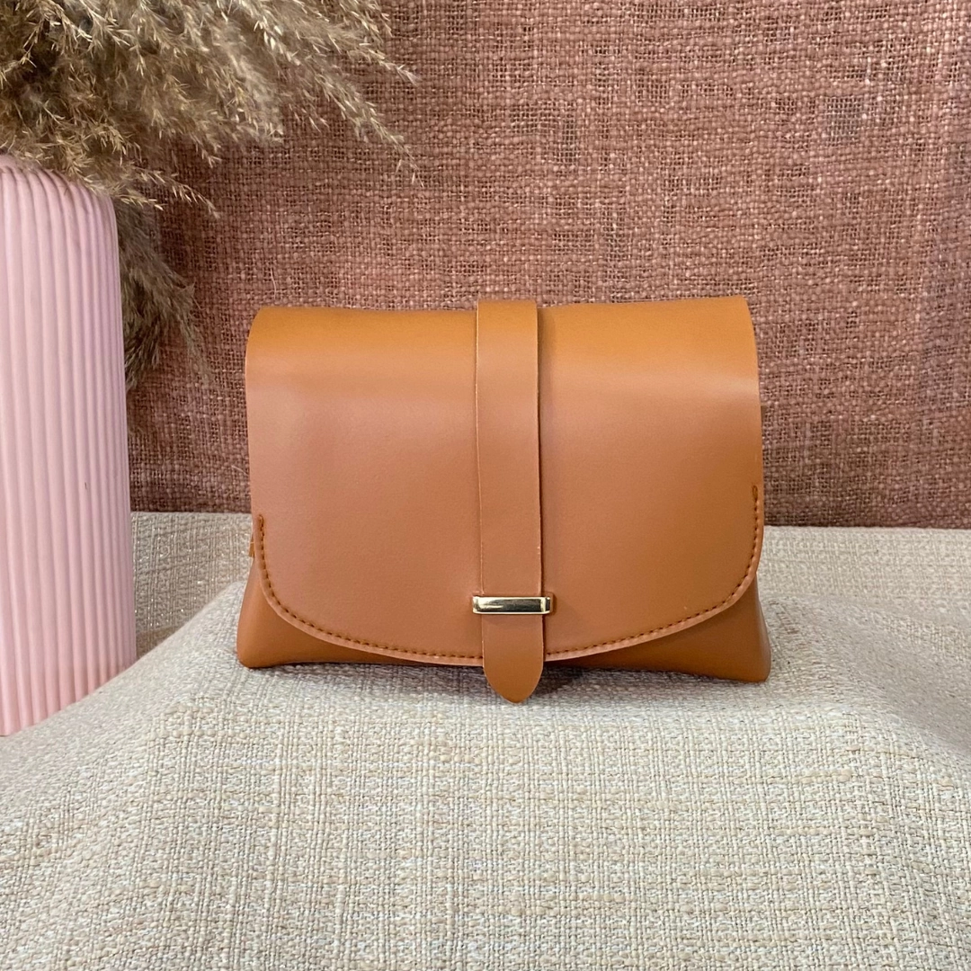 Tan Eva Bag with Pink Multi-color Triangle Belt.