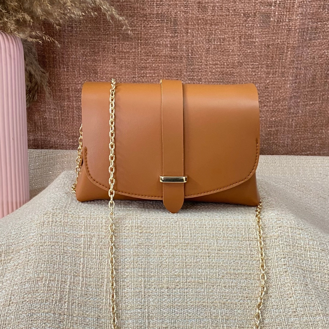 Tan Eva Bag with Pink Multi-color Triangle Belt.