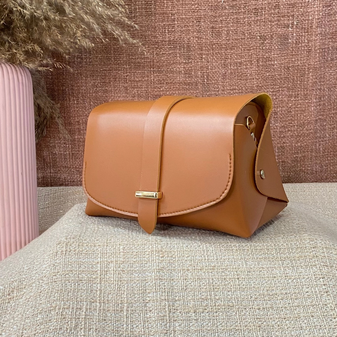 Tan Eva Bag with Pink Multi-color Triangle Belt.
