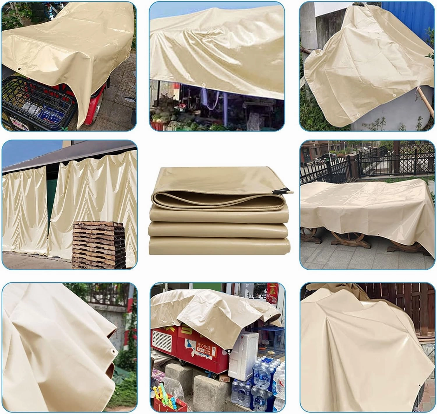 Tarpaulin 2x6m/3x3m/4x6m Waterproof Heavy Duty 500g/㎡ PVC Tarp Sheet Cover for Garden Furniture, Hutch, Trampoline, Wood, Car,Camping or Gardening Canopy Tent, Beige(1x2m)