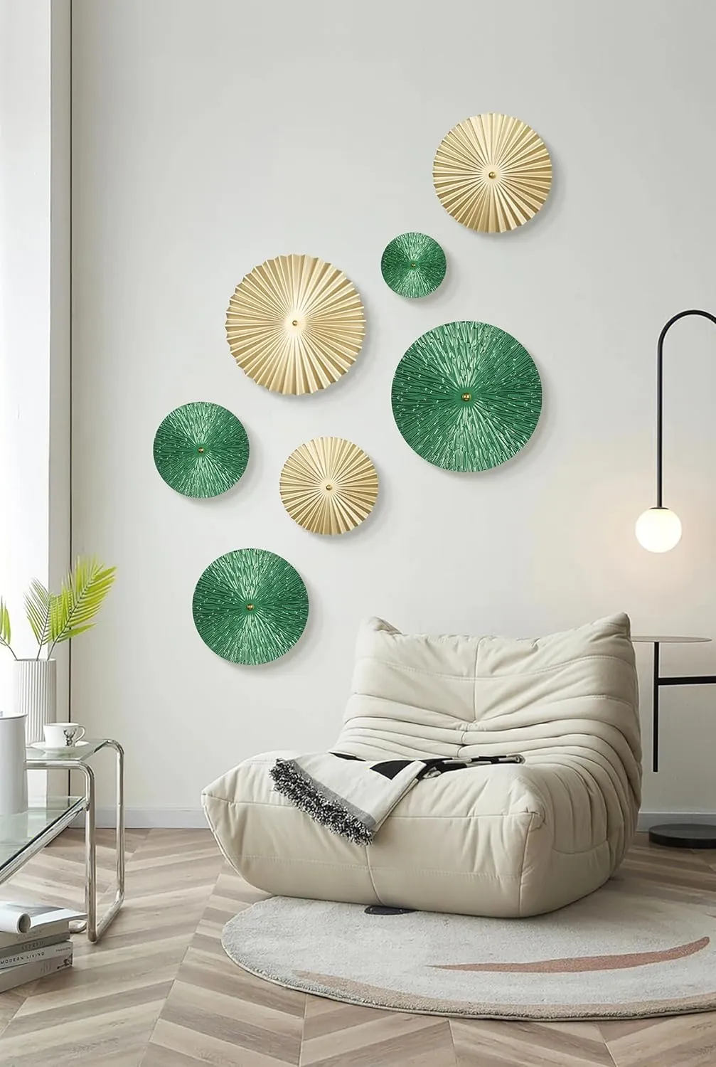 TEIPAI Emerald Green and Gold Wall Decor for Living Room, 7PCS Modern Metal Wall Art Hanging Sculptures for Office Bedroom Decoration, Brass Gold Home Decor for Gallery Wall Guest Room Bathroom