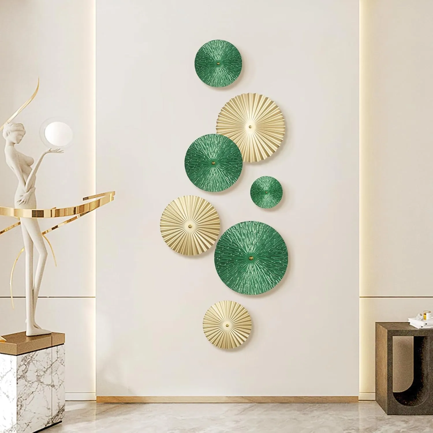 TEIPAI Emerald Green and Gold Wall Decor for Living Room, 7PCS Modern Metal Wall Art Hanging Sculptures for Office Bedroom Decoration, Brass Gold Home Decor for Gallery Wall Guest Room Bathroom