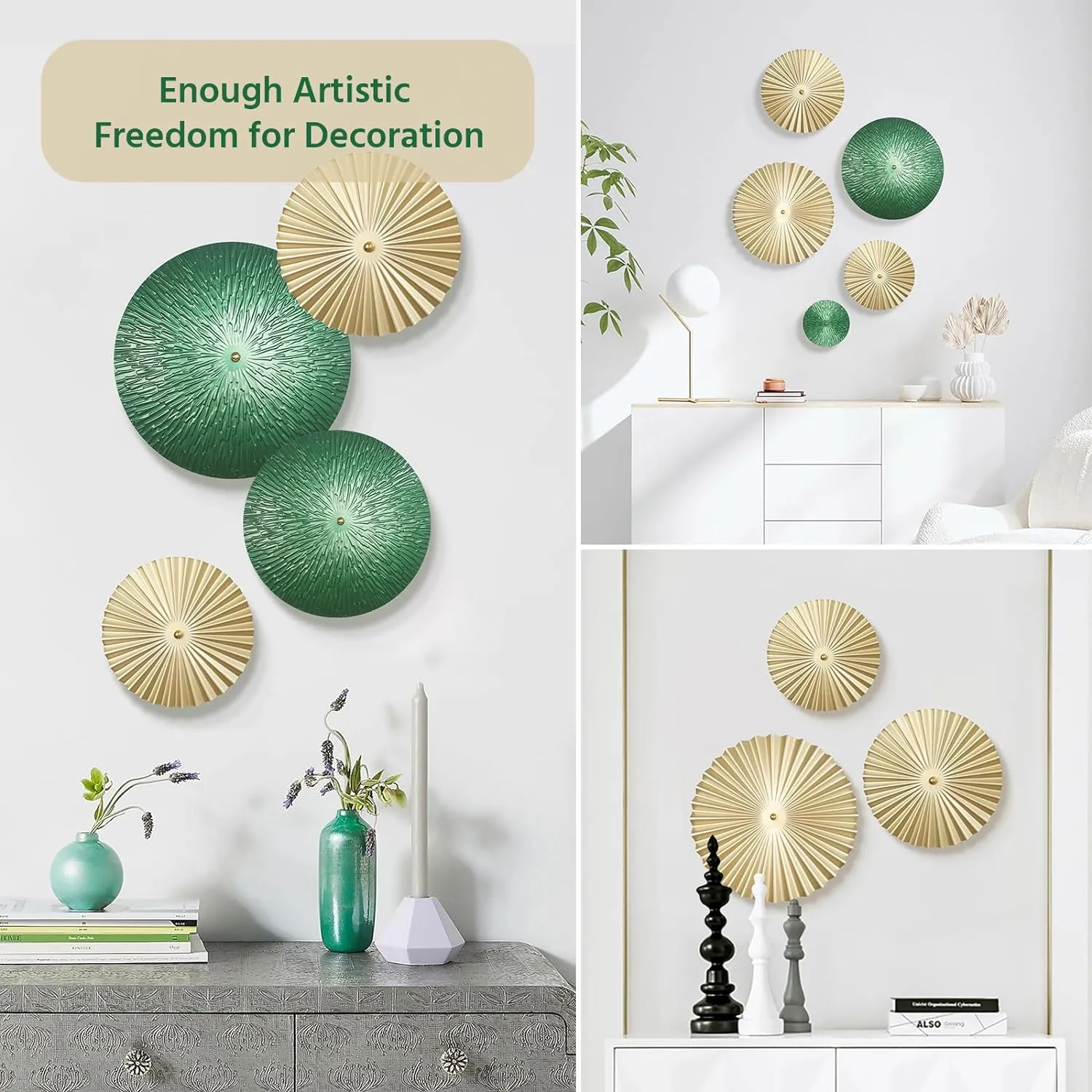TEIPAI Emerald Green and Gold Wall Decor for Living Room, 7PCS Modern Metal Wall Art Hanging Sculptures for Office Bedroom Decoration, Brass Gold Home Decor for Gallery Wall Guest Room Bathroom