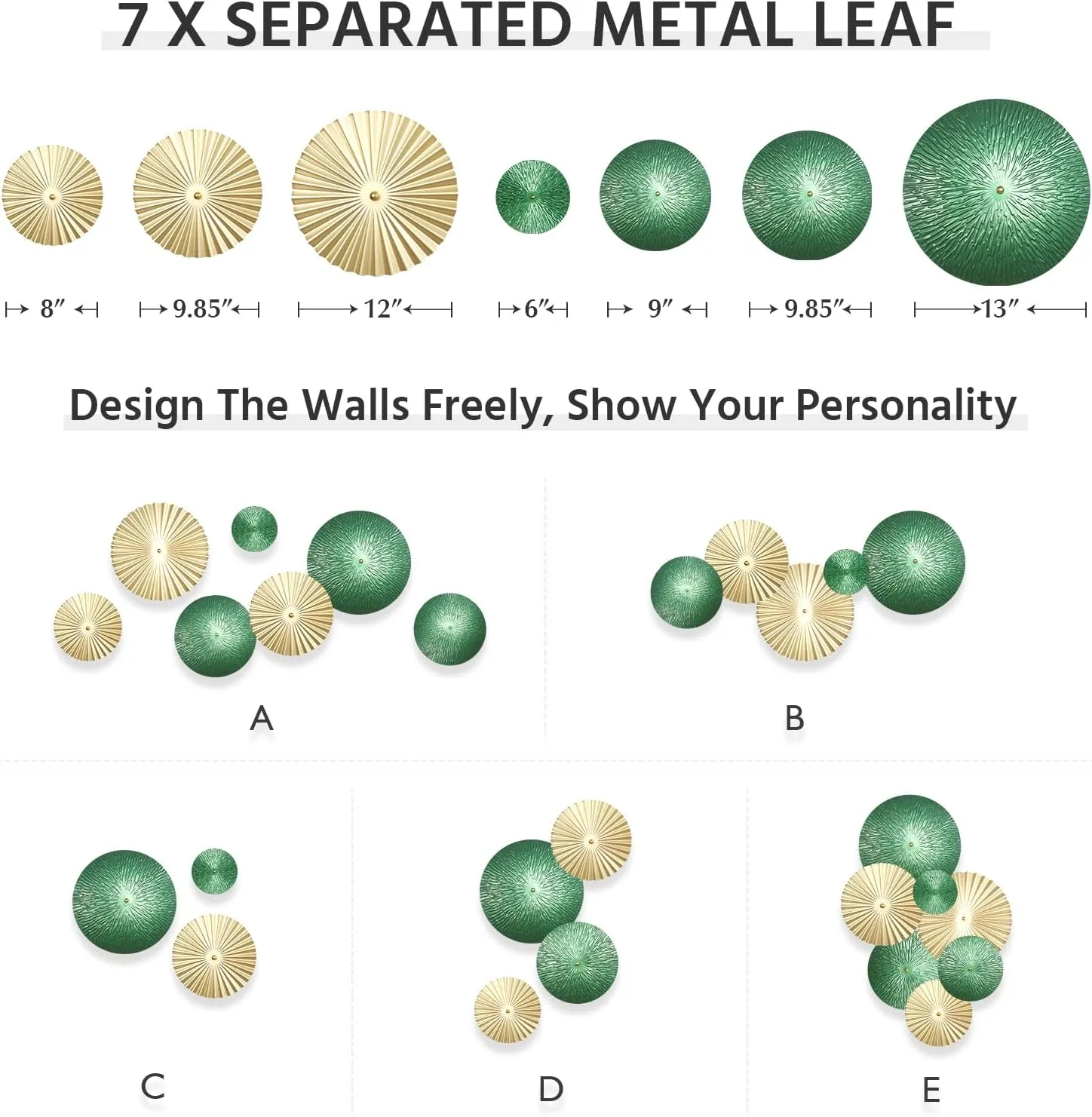 TEIPAI Emerald Green and Gold Wall Decor for Living Room, 7PCS Modern Metal Wall Art Hanging Sculptures for Office Bedroom Decoration, Brass Gold Home Decor for Gallery Wall Guest Room Bathroom