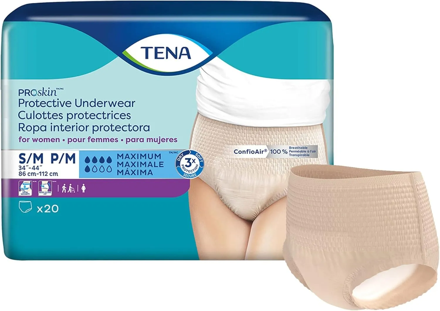 TENA ProSkin Protective Incontinence Underwear for Women, Moderate Absorbency, Small/Medium, 20 Count