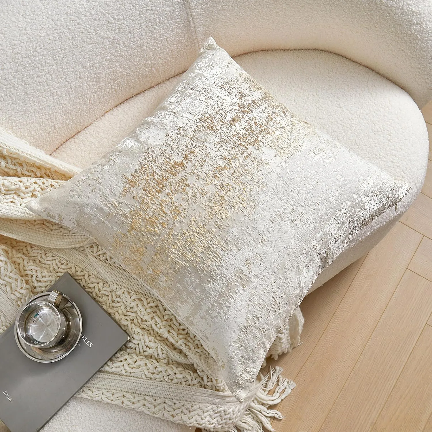 THE-TINOART Cream Pillow Covers Gold Splashed Throw Pillow Covers Reversed Soft Velvet Beige Gold Square Cushion Cover Pillow Cover for Couch Bed and Chair Cream Beige 18 x 18 inches 1Piece