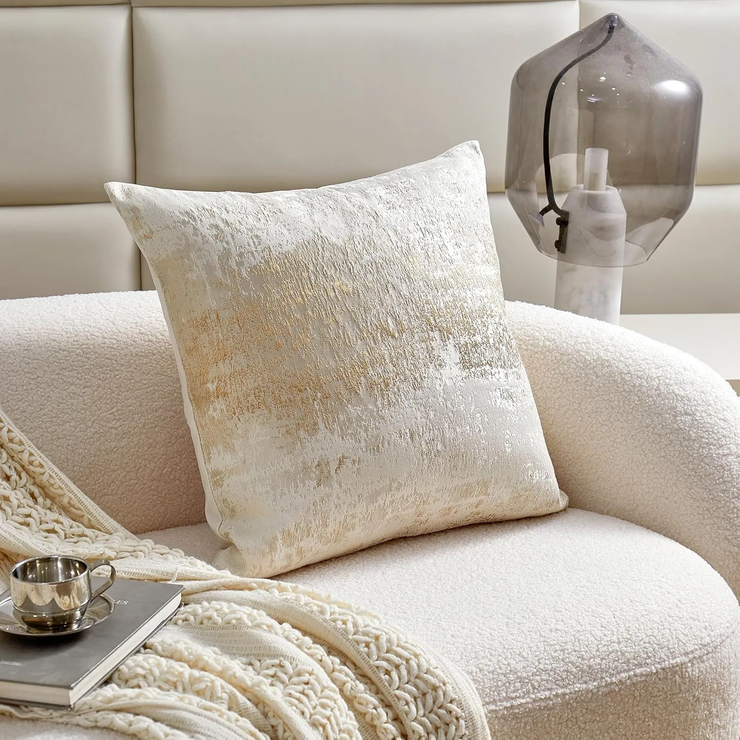 THE-TINOART Cream Pillow Covers Gold Splashed Throw Pillow Covers Reversed Soft Velvet Beige Gold Square Cushion Cover Pillow Cover for Couch Bed and Chair Cream Beige 18 x 18 inches 1Piece