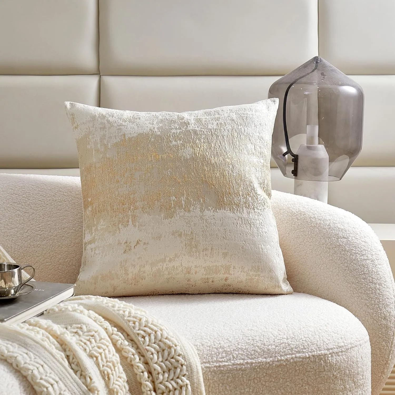 THE-TINOART Cream Pillow Covers Gold Splashed Throw Pillow Covers Reversed Soft Velvet Beige Gold Square Cushion Cover Pillow Cover for Couch Bed and Chair Cream Beige 18 x 18 inches 1Piece