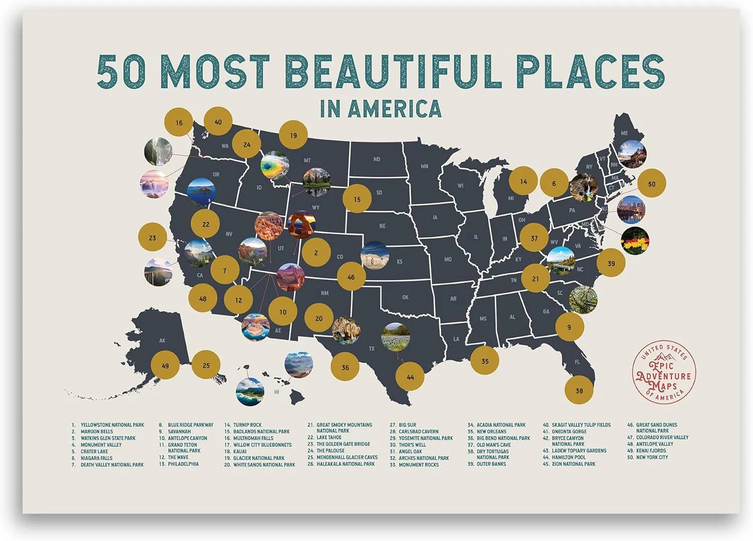The United States' Most Beautiful Places - Scratch off Poster of the USA - US Wall Art, Mark Your Adventures - Travel Gift for Travelers, Beige, 36 x 24 Inches