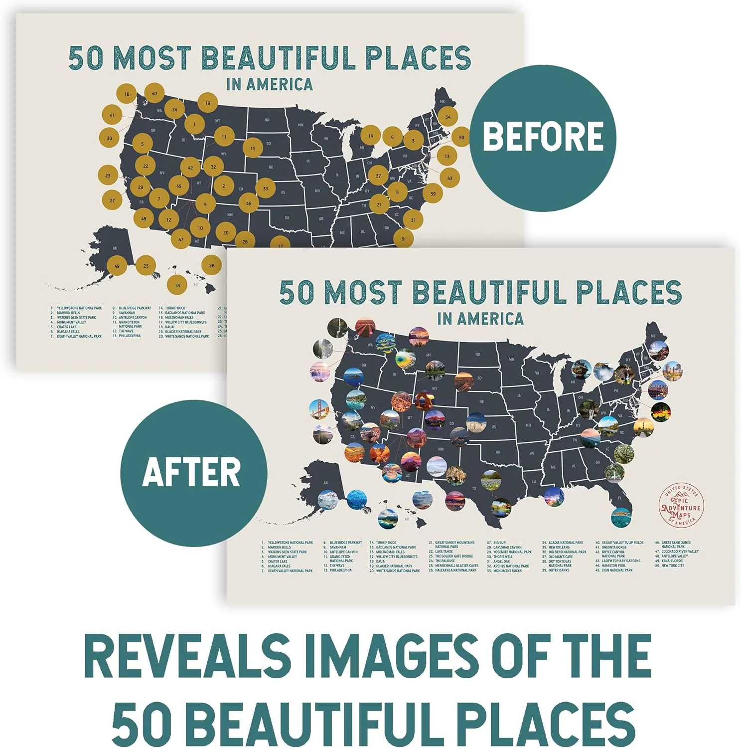 The United States' Most Beautiful Places - Scratch off Poster of the USA - US Wall Art, Mark Your Adventures - Travel Gift for Travelers, Beige, 36 x 24 Inches