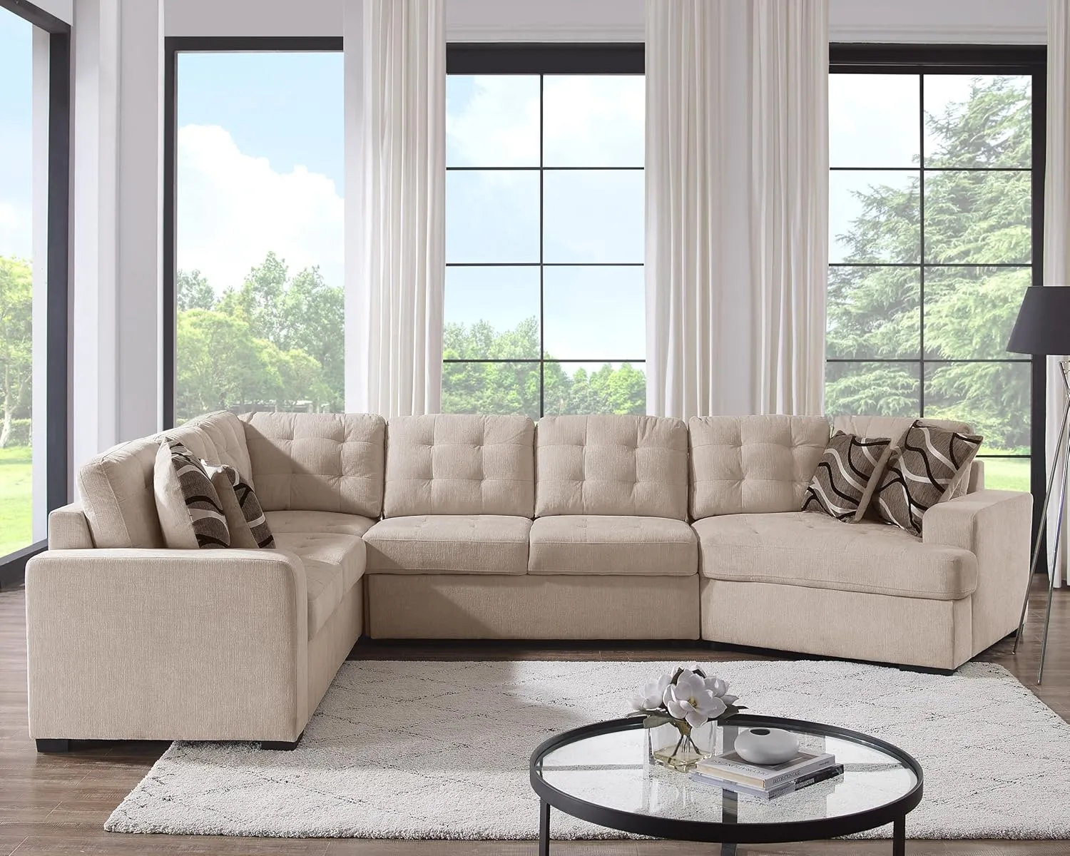 THSUPER 149'' Oversized Sectional Sleeper Sofa Couch with Chaise Lounge and Pull Out Bed, 7-Seater U-Shaped Sectionals Couches with Cuddler for Living Room. Beige Chenille