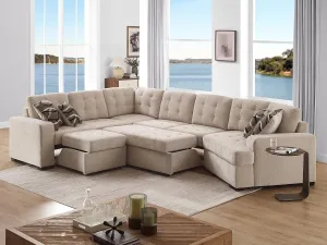 THSUPER 149'' Oversized Sectional Sleeper Sofa Couch with Chaise Lounge and Pull Out Bed, 7-Seater U-Shaped Sectionals Couches with Cuddler for Living Room. Beige Chenille