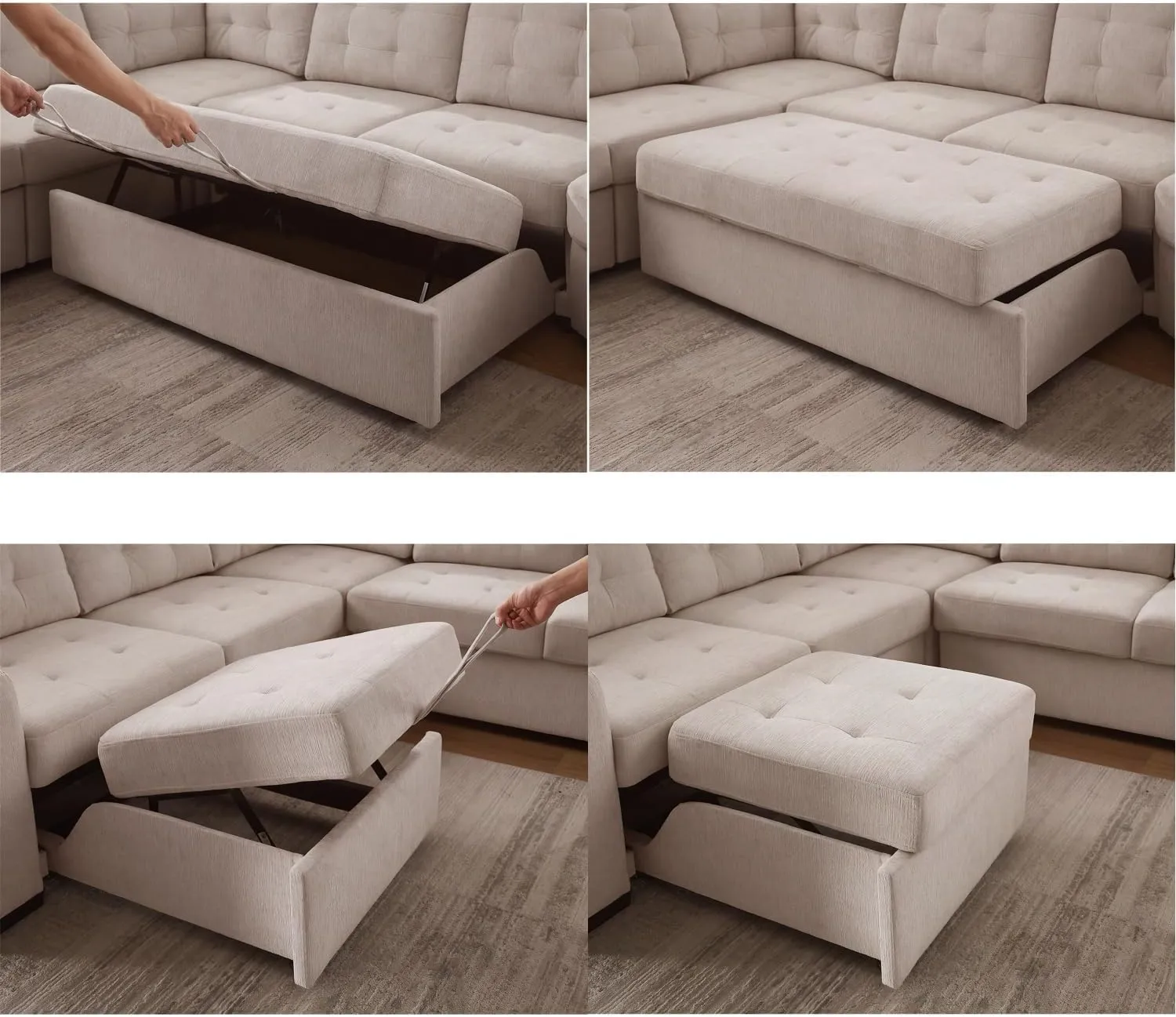 THSUPER 149'' Oversized Sectional Sleeper Sofa Couch with Chaise Lounge and Pull Out Bed, 7-Seater U-Shaped Sectionals Couches with Cuddler for Living Room. Beige Chenille