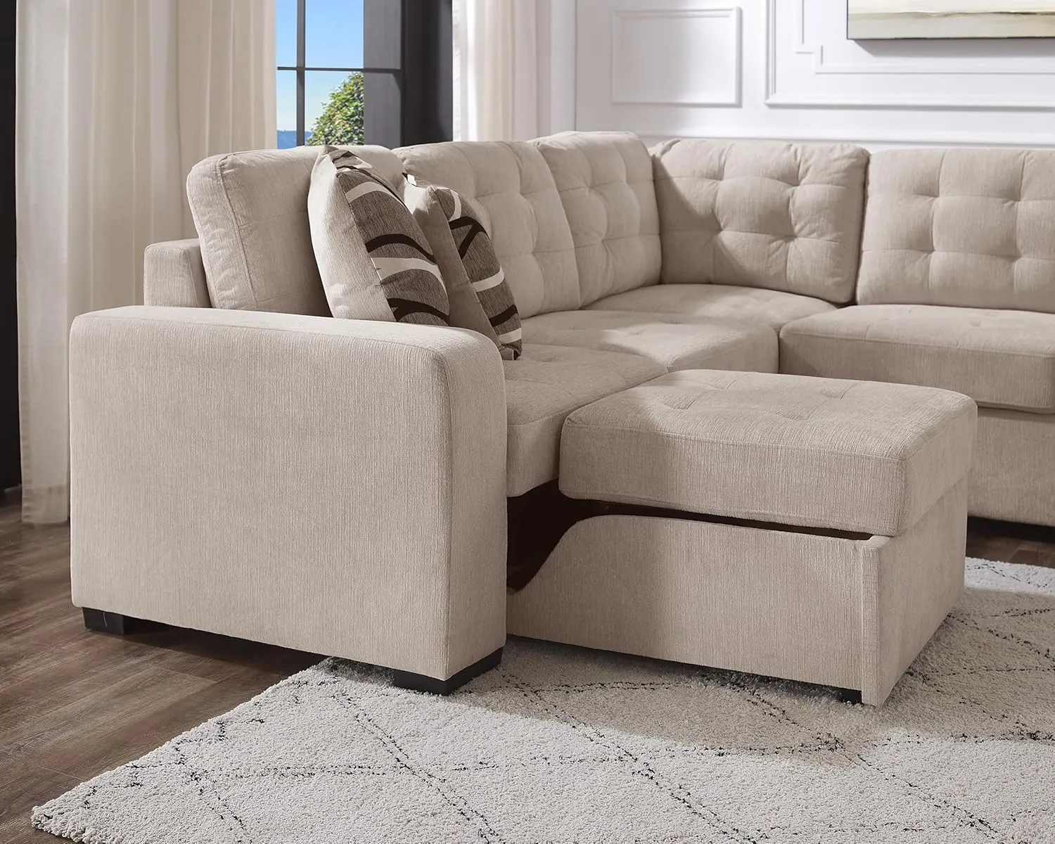 THSUPER 149'' Oversized Sectional Sleeper Sofa Couch with Chaise Lounge and Pull Out Bed, 7-Seater U-Shaped Sectionals Couches with Cuddler for Living Room. Beige Chenille