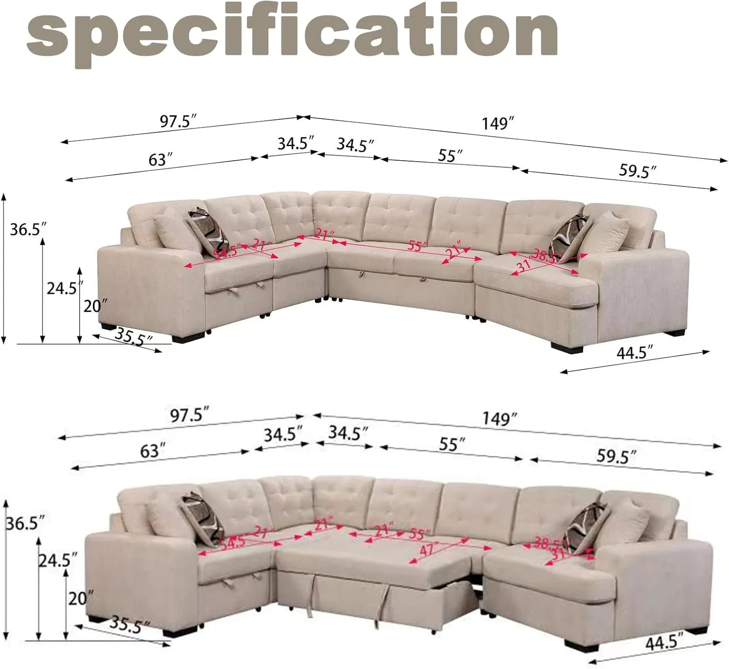 THSUPER 149'' Oversized Sectional Sleeper Sofa Couch with Chaise Lounge and Pull Out Bed, 7-Seater U-Shaped Sectionals Couches with Cuddler for Living Room. Beige Chenille