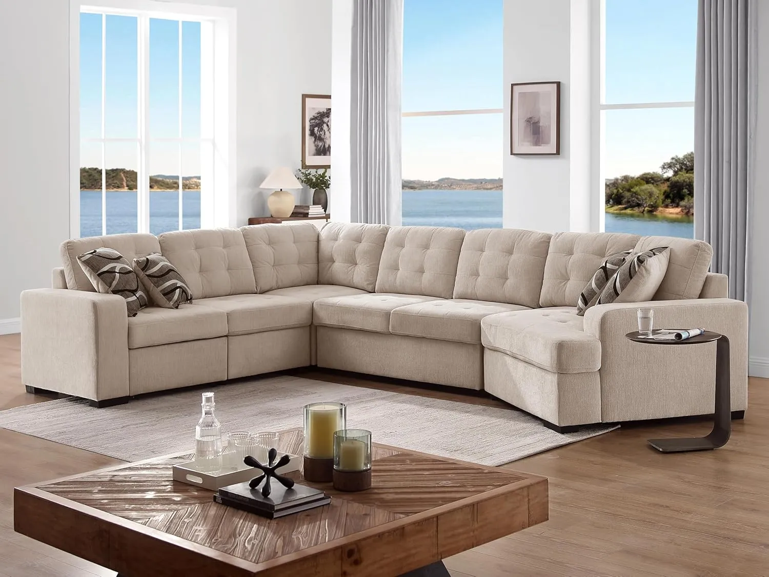 THSUPER 149'' Oversized Sectional Sleeper Sofa Couch with Chaise Lounge and Pull Out Bed, 7-Seater U-Shaped Sectionals Couches with Cuddler for Living Room. Beige Chenille