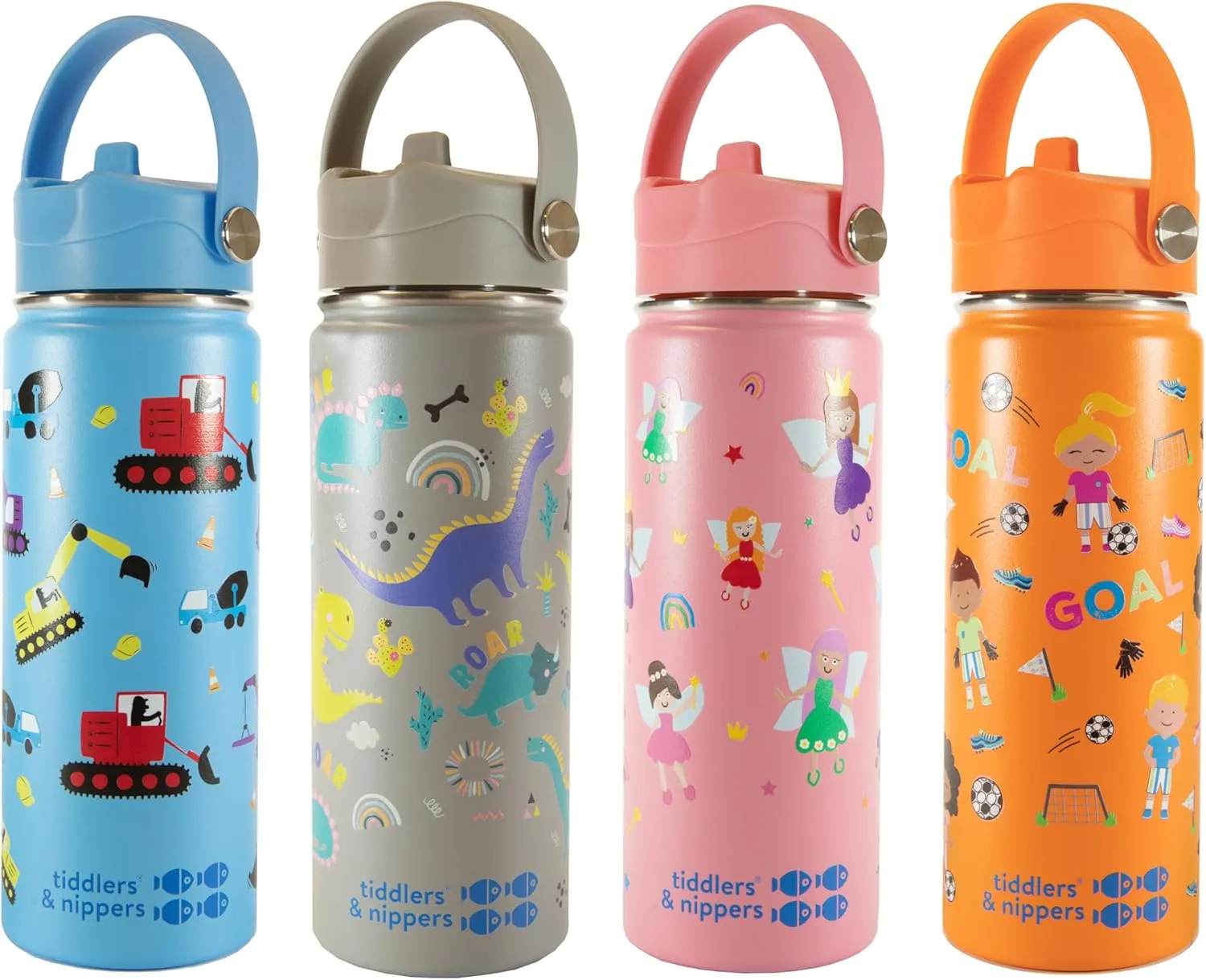 Tiddlers & Nippers 18oz Stainless Steel Vacuum Insulated Double Wall Kids Reusable Water Bottle with Leak Proof Straw 500ml | Keeps Cool for 24hrs & Warm for 10hrs   (Diggers & Lorries)