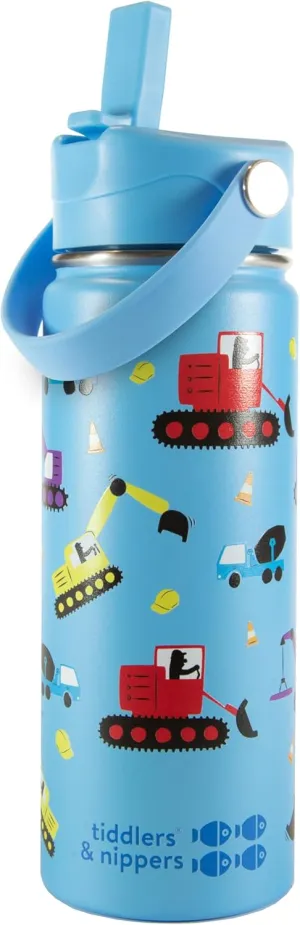 Tiddlers & Nippers 18oz Stainless Steel Vacuum Insulated Double Wall Kids Reusable Water Bottle with Leak Proof Straw 500ml | Keeps Cool for 24hrs & Warm for 10hrs   (Diggers & Lorries)