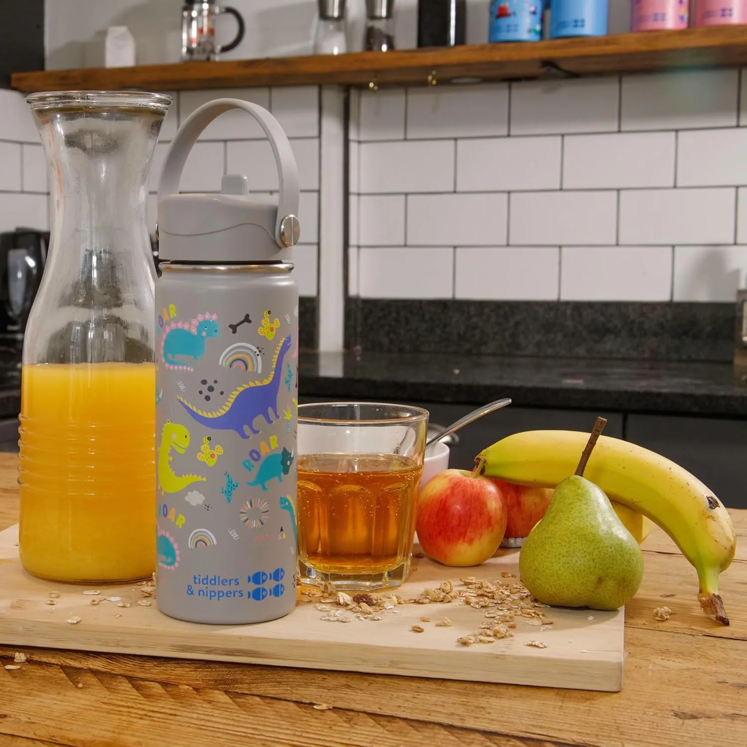 Tiddlers & Nippers 18oz Stainless Steel Vacuum Insulated Double Wall Kids Reusable Water Bottle with Leak Proof Straw 500ml | Keeps Cool for 24hrs & Warm for 10hrs   (Dinky Dinos)