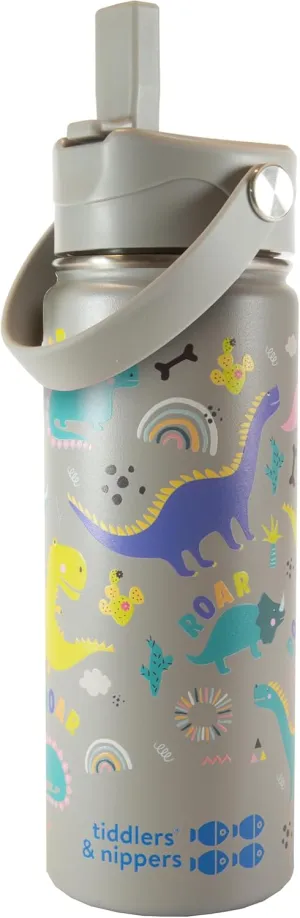 Tiddlers & Nippers 18oz Stainless Steel Vacuum Insulated Double Wall Kids Reusable Water Bottle with Leak Proof Straw 500ml | Keeps Cool for 24hrs & Warm for 10hrs   (Dinky Dinos)