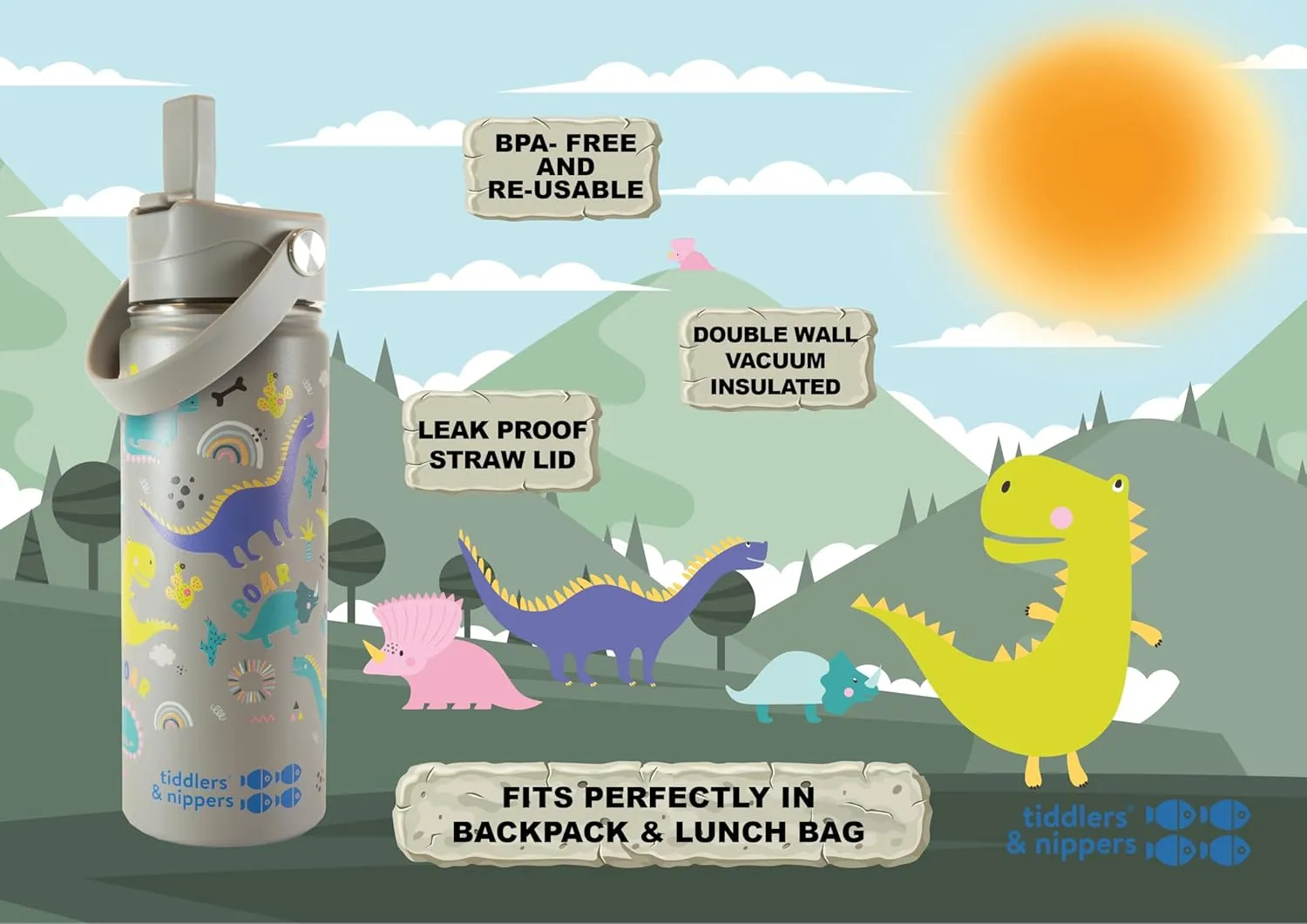 Tiddlers & Nippers 18oz Stainless Steel Vacuum Insulated Double Wall Kids Reusable Water Bottle with Leak Proof Straw 500ml | Keeps Cool for 24hrs & Warm for 10hrs   (Dinky Dinos)
