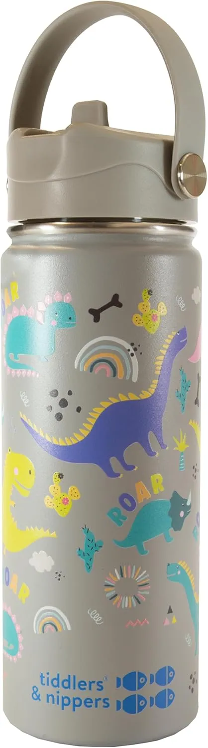 Tiddlers & Nippers 18oz Stainless Steel Vacuum Insulated Double Wall Kids Reusable Water Bottle with Leak Proof Straw 500ml | Keeps Cool for 24hrs & Warm for 10hrs   (Dinky Dinos)