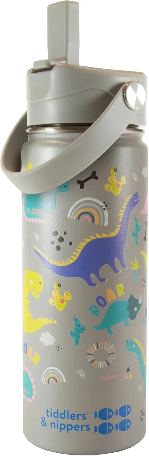Tiddlers & Nippers 18oz Stainless Steel Vacuum Insulated Double Wall Kids Reusable Water Bottle with Leak Proof Straw 500ml | Keeps Cool for 24hrs & Warm for 10hrs   (Dinky Dinos)