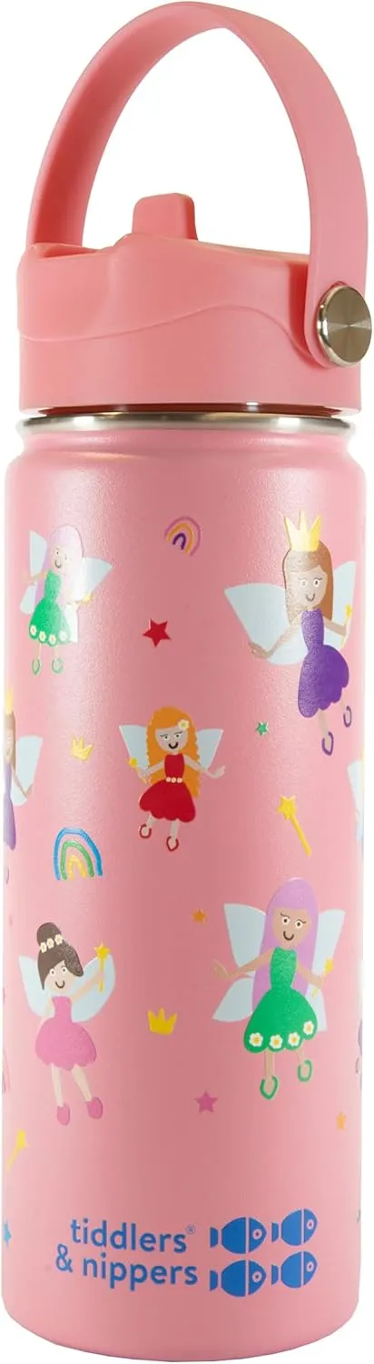 Tiddlers & Nippers 18oz Stainless Steel Vacuum Insulated Double Wall Kids Reusable Water Bottle with Leak Proof Straw 500ml | Keeps Cool for 24hrs & Warm for 10hrs   (Fabulous Fairies)