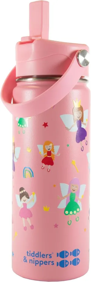 Tiddlers & Nippers 18oz Stainless Steel Vacuum Insulated Double Wall Kids Reusable Water Bottle with Leak Proof Straw 500ml | Keeps Cool for 24hrs & Warm for 10hrs   (Fabulous Fairies)