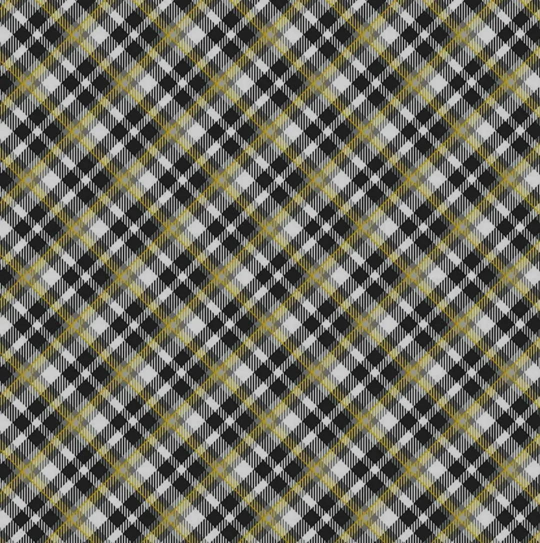 Timeless Treasures Black, White, and Gold Metallic Holiday Plaid Cotton Fabric by The Yard, CM2900-BLACK