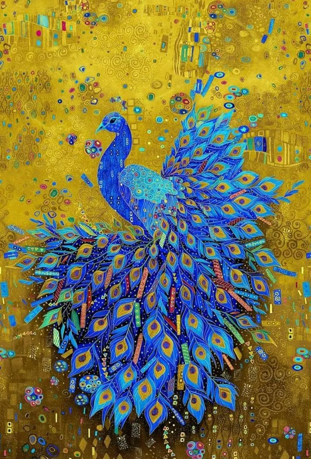 Timeless Treasures Gilded Plume Metallic Blue Royal Peacock on Gold Cotton Fabric by The Panel 24" x 44"