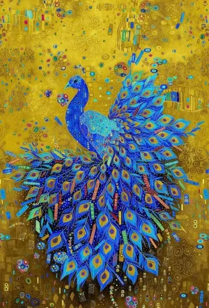 Timeless Treasures Gilded Plume Metallic Blue Royal Peacock on Gold Cotton Fabric by The Panel 24" x 44"