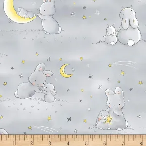 Timeless Treasures Little Star Flannel Bunnies And Little Ones With Moons Grey, Quilting Fabric by the Yard