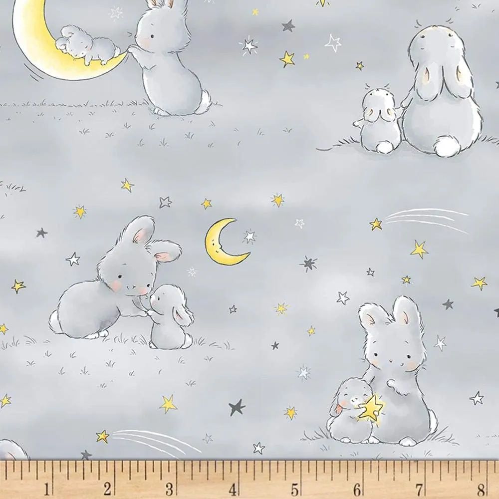 Timeless Treasures Little Star Flannel Bunnies And Little Ones With Moons Grey, Quilting Fabric by the Yard
