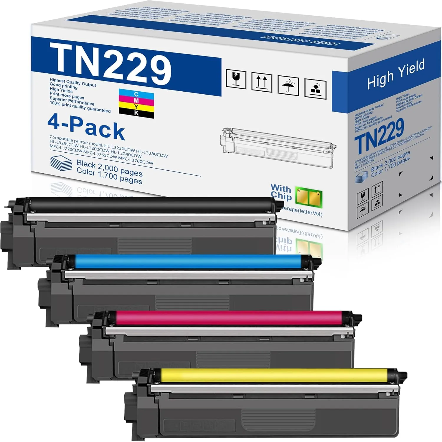 TN229 Toner Cartridges High Yield Replacement for Brother TN229 TN-229 Toner Cartridge use to MFC-L3780CDW HL-L3280CDW MFC-L3720CDW MFC-L3765CDW Printer (TN229bk/c/m/y-4 Pack)