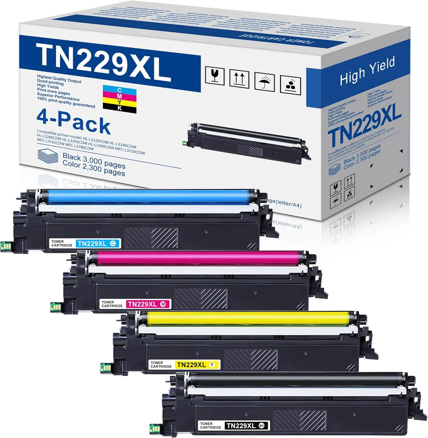 TN229XL Toner Cartridges 4 Pack Replacement for Brother TN-229XL TN229 for MFC-L3720CDW MFC-L3780CDW HL-L3220CDW HL-L3280CDW HL-L3300CDW Printer (TN229XLBK/C/M/Y, TN-229)