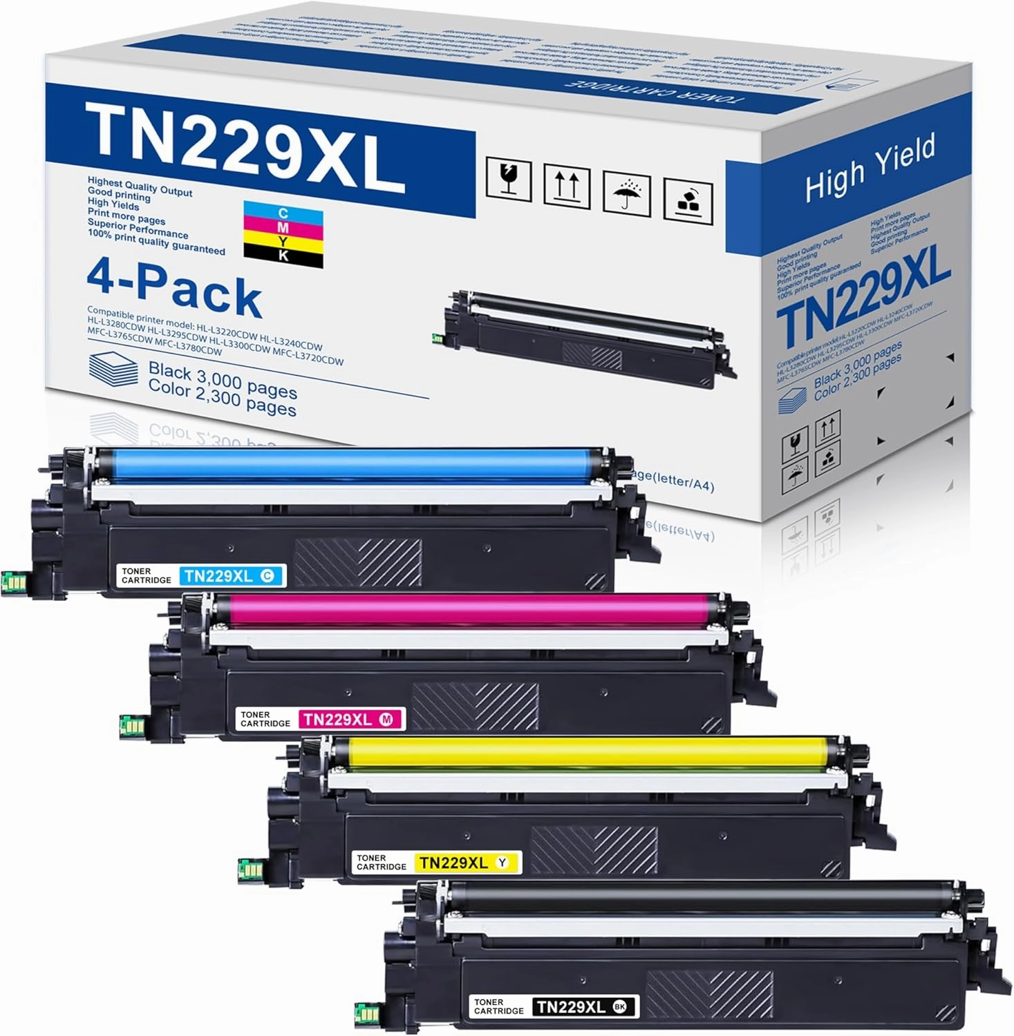 TN229XL Toner Cartridges 4 Pack Replacement for Brother TN-229XL TN229 for MFC-L3720CDW MFC-L3780CDW HL-L3220CDW HL-L3280CDW HL-L3300CDW Printer (TN229XLBK/C/M/Y, TN-229)