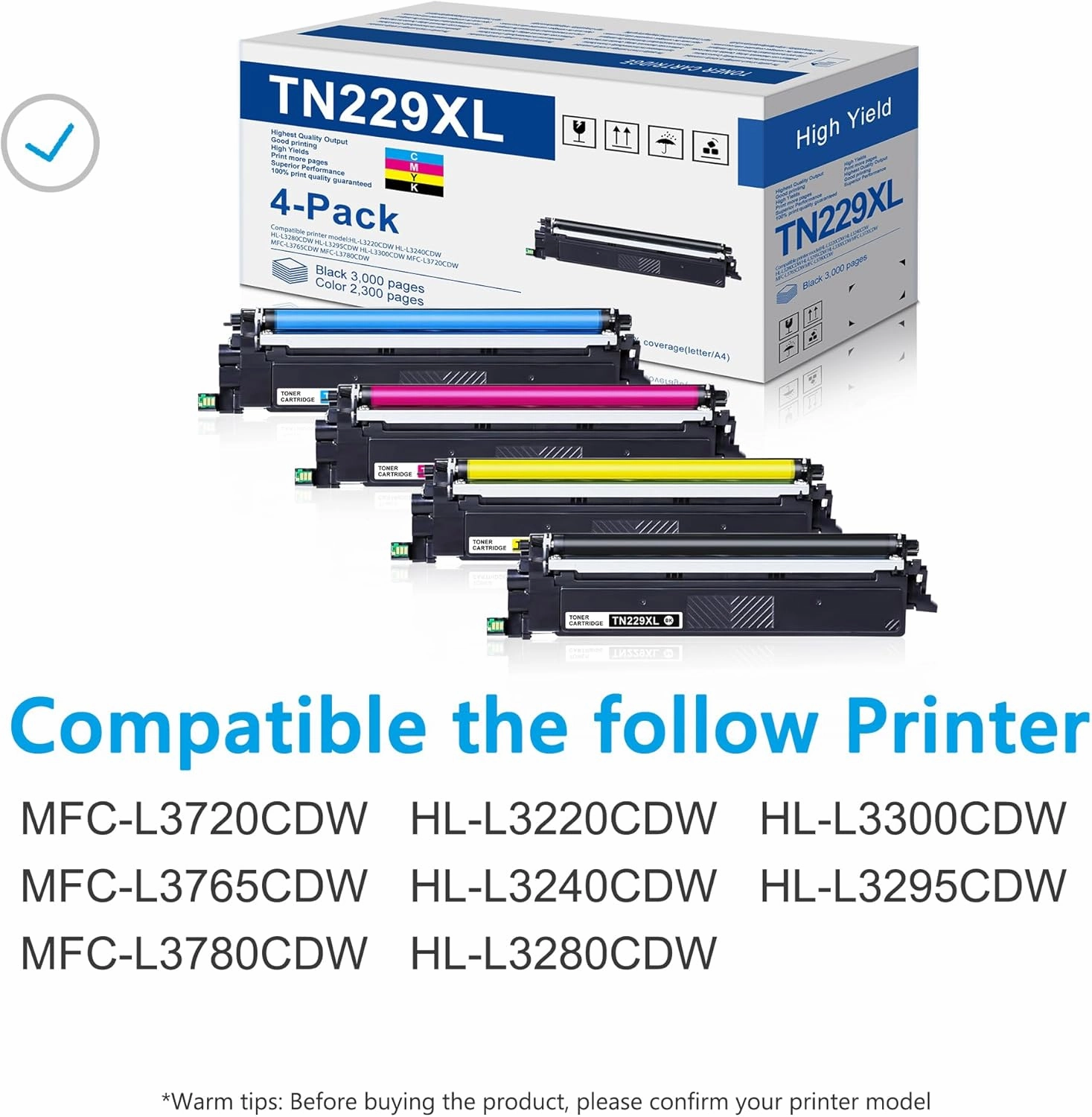 TN229XL Toner Cartridges 4 Pack Replacement for Brother TN-229XL TN229 for MFC-L3720CDW MFC-L3780CDW HL-L3220CDW HL-L3280CDW HL-L3300CDW Printer (TN229XLBK/C/M/Y, TN-229)