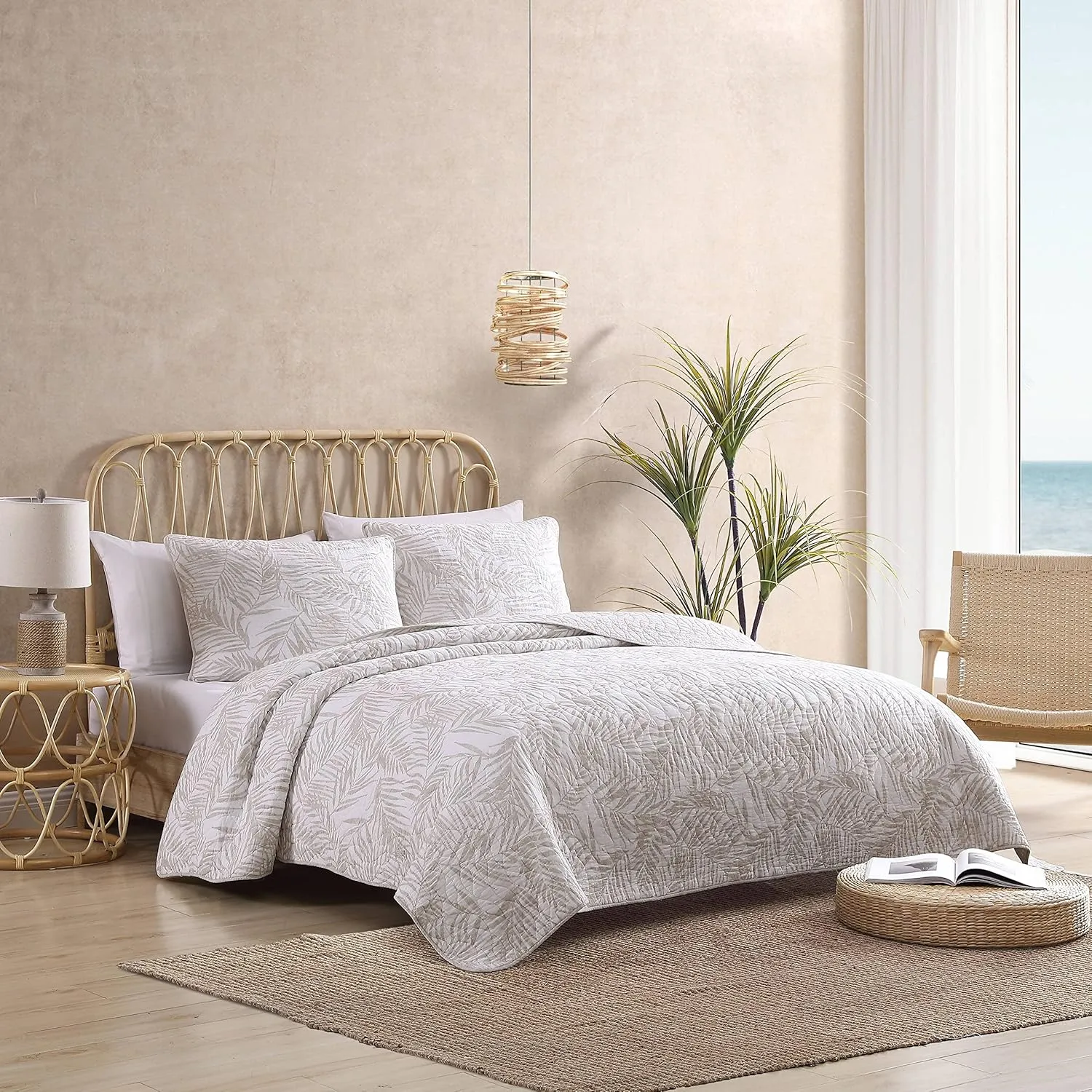 Tommy Bahama - King Quilt Set, Reversible Cotton Bedding with Matching Shams, Tropical Super Soft Bedding Set (Palmday Beige, King)