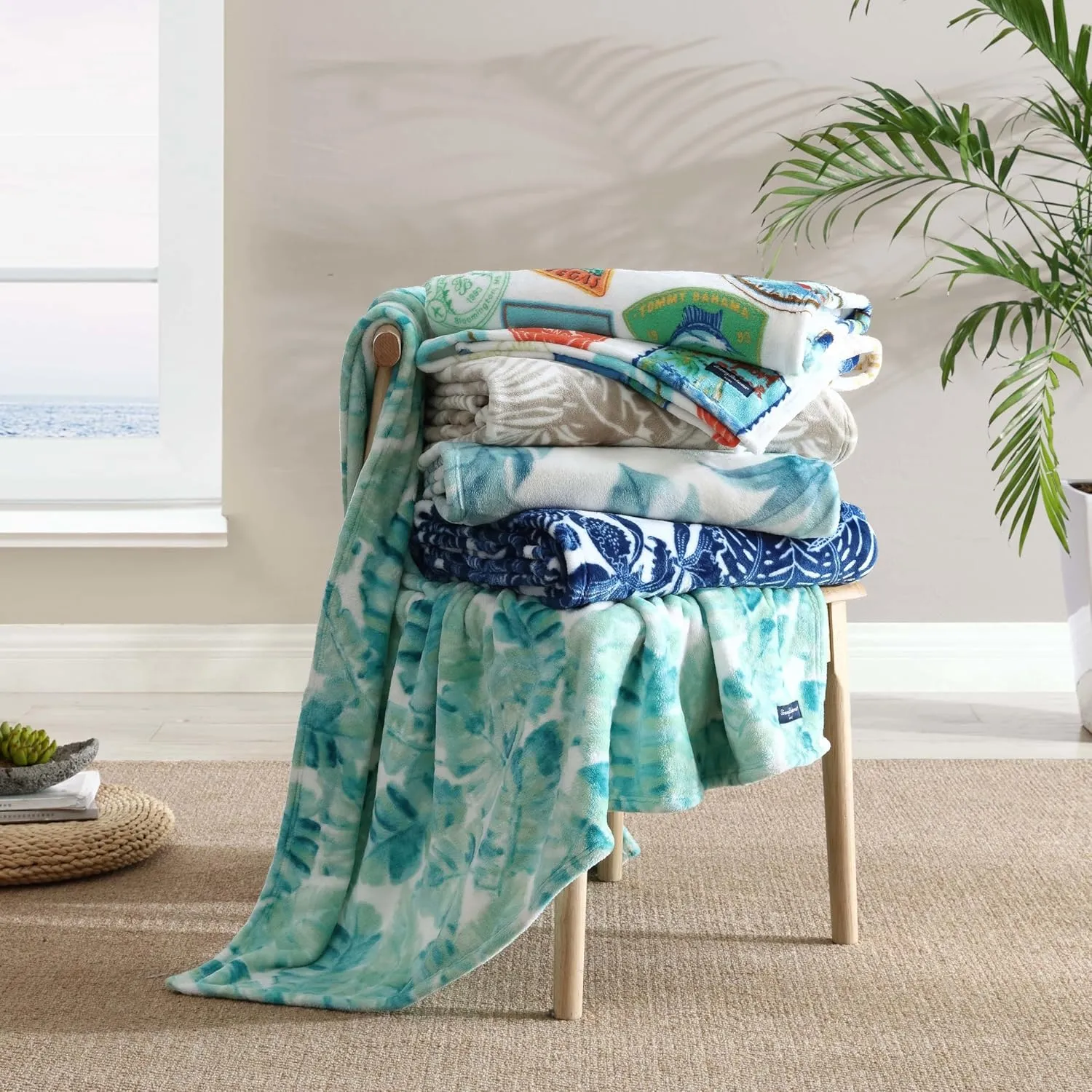 Tommy Bahama - Throw Blanket, Plush Fleece Bedding, Tropical Bedding Set for Bed or Couch (Costa Blanca Beige, 50" x 70")