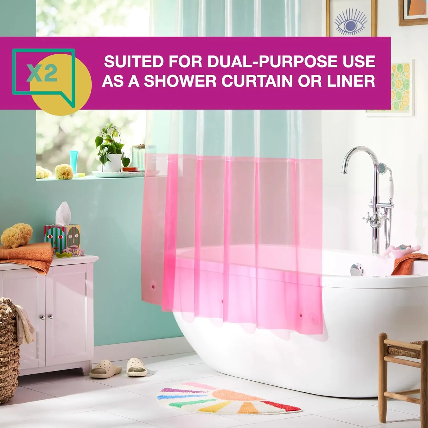 TOWN & COUNTRY PLAY Ciara Mod Colorblock Clear 100% PEVA Shower Curtain Liner with Anti-Rust Grommets, Waterproof, Clear/Pink, 70"x72"