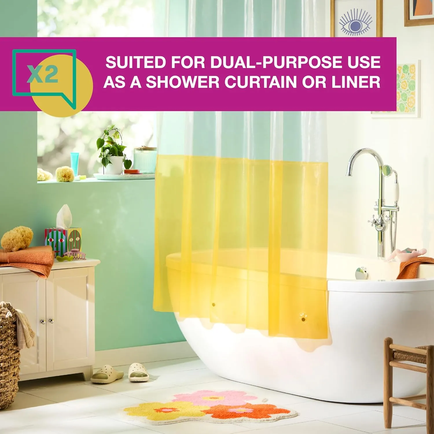 TOWN & COUNTRY PLAY Ciara Mod Colorblock Clear 100% PEVA Shower Curtain Liner with Anti-Rust Grommets, Waterproof, Clear/Yellow, 70"x72"