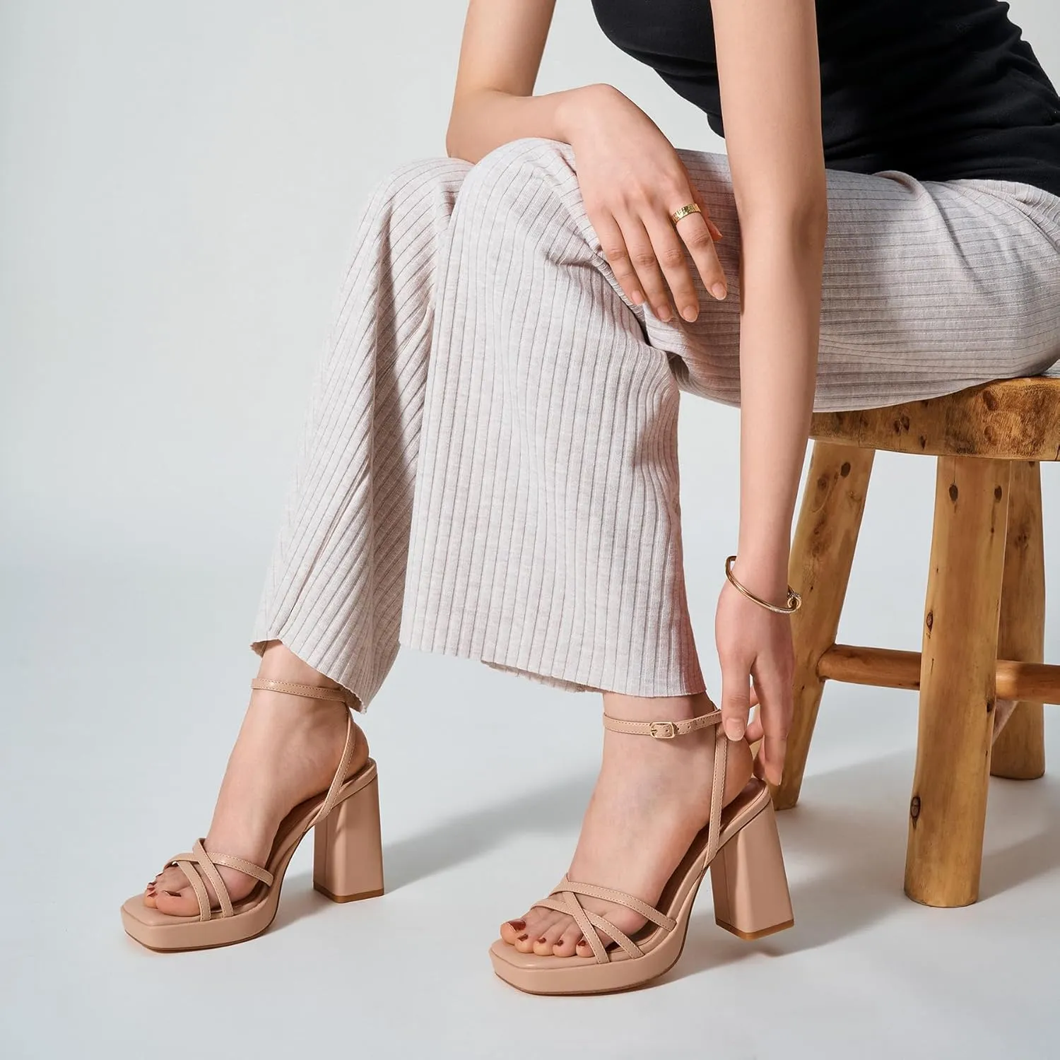 Trary Gold & White Heels - Square Toe, 3 inch Platform, Strappy & Block Heels for Wide Feet, Ankle Strap Y2k Shoes for Prom