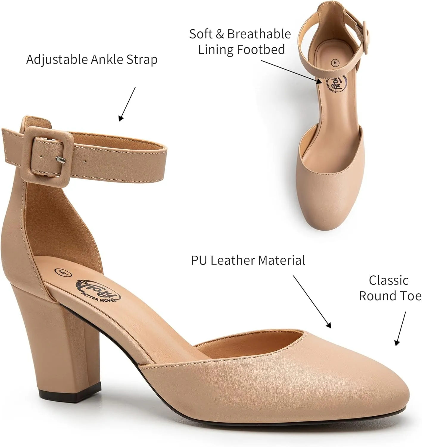Trary Heels for Women, Low Heel Closed Round Toe Chunky Block Nude Heels Adjustable Ankle Strap Comfy Pumps Shoes Black Heels for Women Versatility Heels Wedding Daily Dressy 2.75" Heels