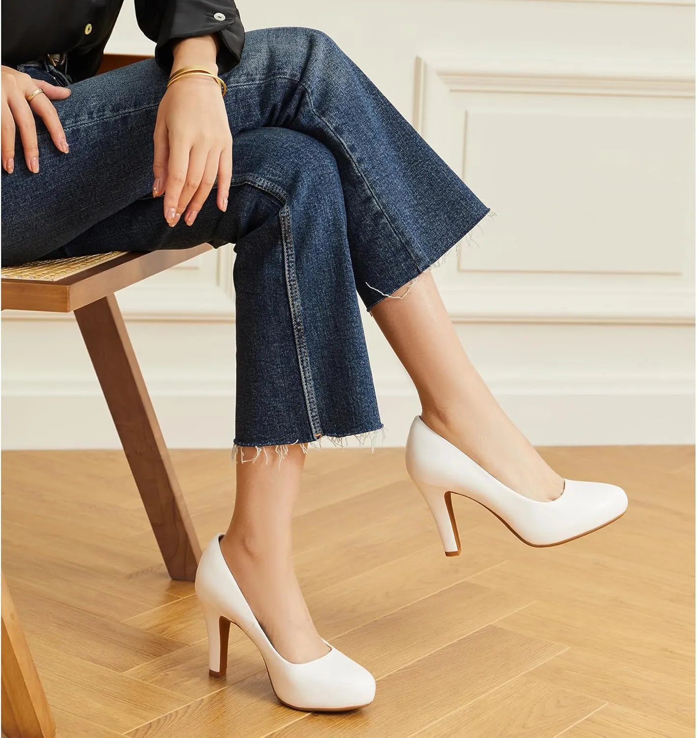 Trary Women's Heels for Women, Black Heels White Heels Brown Heels Nude Heels, Low Platform Heels, IN3.2 High Heel Closed Round Toe Pumps Dress Office Wedding Shoes for Women